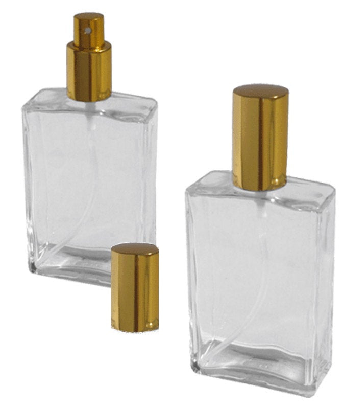 60ml [2 oz] Flat Square Shaped Style Perfume Atomizer Empty Refillable  Glass Bottle with Gold Sprayer Cap