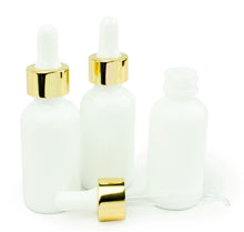Load image into Gallery viewer, 12 White MILK GLASS 30ml Bottles Metallic Gold &amp; White Dropper 1 Oz