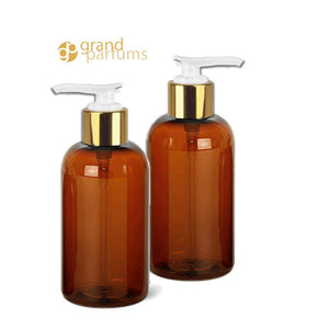 2 PREMIUM 8 Oz Soap/Hand Cream, Shampoo/Conditioner Shiny Clear 240ml MODERN PET Boston Round Plastic Bottles w/ Gold Metallic Lotion  Pump