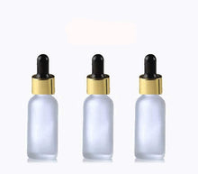 Load image into Gallery viewer, 25 FROSTED 15ml Glass Bottles w/ Metallic Gold Glass Dropper Pipette 1/2 Oz UPSCALE LUXURY Cosmetic Skincare Packaging, Serum Essential Oil