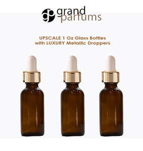 6 AMBER Upscale 30ml Glass Bottles w/ Metallic Silver & Black Dropper Pipette 1 Oz LUXURY Cosmetic Skincare Packaging, Serum Essential Oil