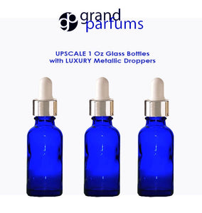 6 Cobalt BLUE 30ml Glass Bottles w/ Metallic Gold & White Dropper Pipette 1 Oz LUXURY Cosmetic Skincare Packaging, Serum Essential Oil