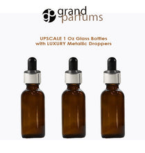 Load image into Gallery viewer, 6 AMBER Upscale 30ml Glass Bottles w/ Metallic Silver &amp; Black Dropper Pipette 1 Oz LUXURY Cosmetic Skincare Packaging, Serum Essential Oil