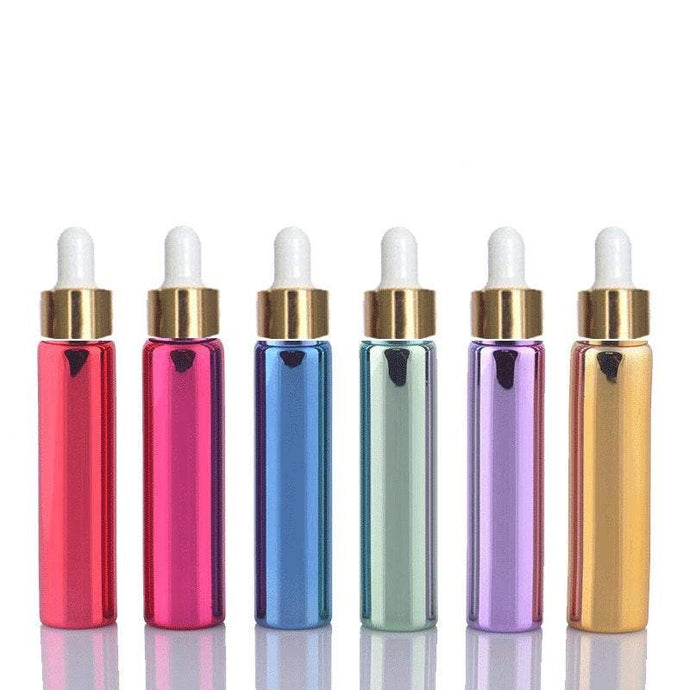 12 Mini 10ml GLASS Essential Oil Glass Dropper Bottles Perfume 1/3 Oz Fabulous UV Metallic Colors w/ Shiny Metallic w/ Glass Pipettes 10 ml