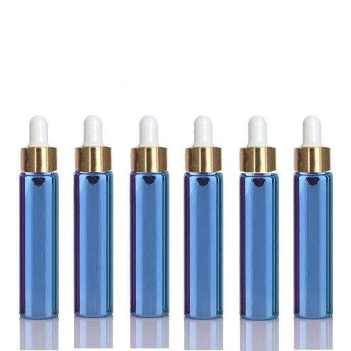 5 Mini 10ml Glass Essential Oil Glass Dropper Bottles (1/3 Oz) Metallic BLUE Colors w/ UV Coating Shiny Metallic GOLD Glass Pipettes 10 ml