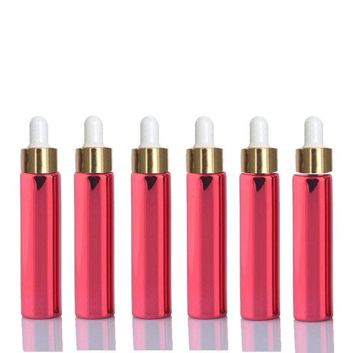 5 Mini 10ml Glass Essential Oil Glass Dropper Bottles (1/3 Oz) Metallic RED Colors w/ UV Coating Shiny Metallic GOLD Glass Pipettes 10 ml