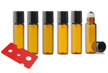 Load image into Gallery viewer, 12 Amber Micro Mini 5ml Rollon Bottles STAINLESS STEEL or GLASS Roller Ball for Perfume Oil 1/6 Oz Lip Gloss 5 ml W/ Bonus Essential Oil Key