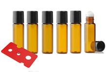 Load image into Gallery viewer, 12 Amber Micro Mini 5ml Rollon Bottles STAINLESS STEEL or GLASS Roller Ball for Perfume Oil 1/6 Oz Lip Gloss 5 ml W/ Bonus Essential Oil Key