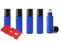 Load image into Gallery viewer, 144 Cobalt Blue Micro Mini 5ml Rollon Bottles STAINLESS STEEL/GLASS Roller Balls Perfume Oil 1/6 Oz Lip Balm 5 ml W/ Bonus Essential Oil Key