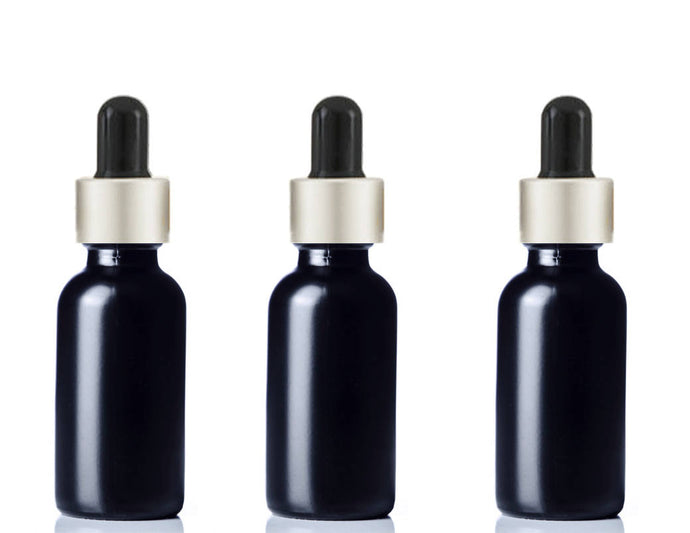 12 BLACK FROSTED Premium 1 Oz Glass Boston Round Matte Silver/Black Dropper Bottle 30ml Medicine Pipette Oil Serum Essential Oils Dispensing