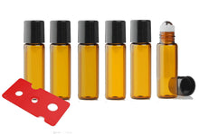 Load image into Gallery viewer, 6 Dark Amber Micro Mini 5ml Rollon Bottles STAINLESS STEEL/GLASS Roller Balls Perfume Oil 1/6 Oz Lip Balm 5 ml W/ Bonus Essential Oil Key
