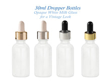 Load image into Gallery viewer, 50 White Opaque MILK GLASS 30ml Bottles Metallic Gold &amp; White Dropper 1 Oz