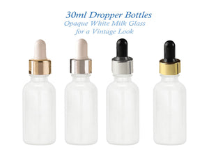 12 White MILK GLASS 30ml Bottles Metallic Gold & White Dropper 1 Oz