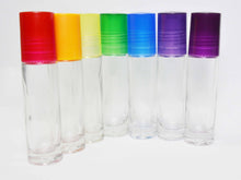 Load image into Gallery viewer, CHAKRA ROLLER Bottles SET, Choose the Roller Bottle Color 10 mL Roll-On Bottles for Essential Oil, Perfume, w/ Colored Caps for 7 Chakras