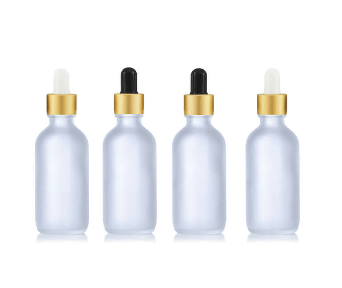 12 FROSTED or Clear 60ml Glass Dropper Bottles w/ MATTE GOLD Metallic Aluminum Cap 2 Oz Cosmetic Private Label Packaging Serum Essential Oil