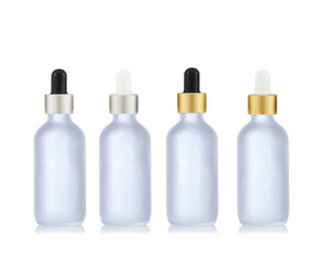 100 FROSTED /Clear 60ml Glass Dropper Bottles w/ MATTE GOLD Metallic Aluminum Cap 2 Oz Cosmetic Private Label Packaging Serum Essential Oil