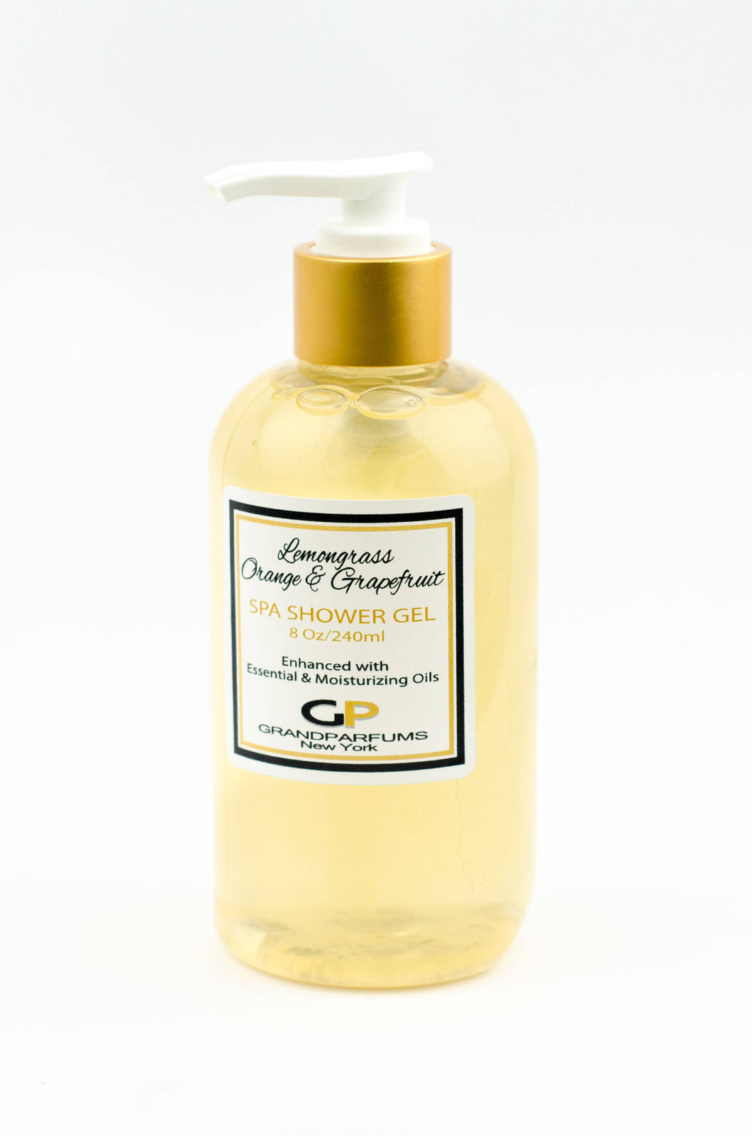 MANDARIN, ROSEMARY & YLANG-Ylang Luxury Spa Exfoliating 8 Oz Shower Gel with Pure Essential Oil Designer Bubble Bath Hand Soap Gold Pump