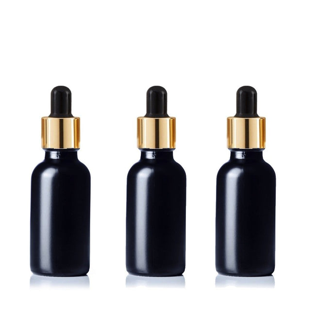 12 BLACK FROSTED Premium 1 Oz Glass Boston Round Shiny Gold/Black Dropper Bottle 30ml Medicine Pipette Oil Serums, Essential Oils Dispensing