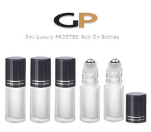 Load image into Gallery viewer, 48 FROSTED 5ml PREMIUM Roll On Bottles Stainless Steel Roller Balls 5 ml  1/6 Oz Essential Oil Perfume Lip Gloss Shiny Gold or Silver Cap