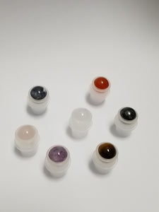 7Pcs Mini CHAKRA SET Natural GEMSTONE RollerBalls Clear or Swirled 5ml Glass Rollon Bottles Premium Chakra Colored Caps Essential Oil Blends