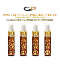 Load image into Gallery viewer, 3 EXQUISITE 10ml Glass Atomizer Bottles Gold Foil Stamped Amber or Cobalt Blue w/ Gold or Silver Fine Mist Spray Pumps, Purse, Party, Gifts