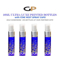 Load image into Gallery viewer, 3 EXQUISITE 10ml Glass Atomizer Bottles Gold Foil Stamped Amber or Cobalt Blue w/ Gold or Silver Fine Mist Spray Pumps, Purse, Party, Gifts