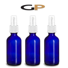 Load image into Gallery viewer, 3 Blue 8 Oz GLASS Boston Round Bottles Essential Oil, Linen Spray, Perfume Fine Mist Sprayers w/ White Plastic RIBBED Caps 240ml