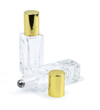 Load image into Gallery viewer, 12 LUXURY SQUARE Slim 5ml Clear Glass Roll-on, Gold Caps Roller Perfume Bottles Stainless STEEL Ball Fitment, 1/6 Oz Essential Oil,  5 ml