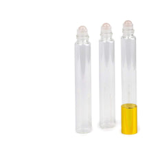 Load image into Gallery viewer, 3 ROSE QUARTZ Gemstone Rollerballs in LUXURY Long Slim Clear or Amber Glass 10ml Roll-on Perfume Bottles 1/3 Oz Essential Oil, Lip Gloss