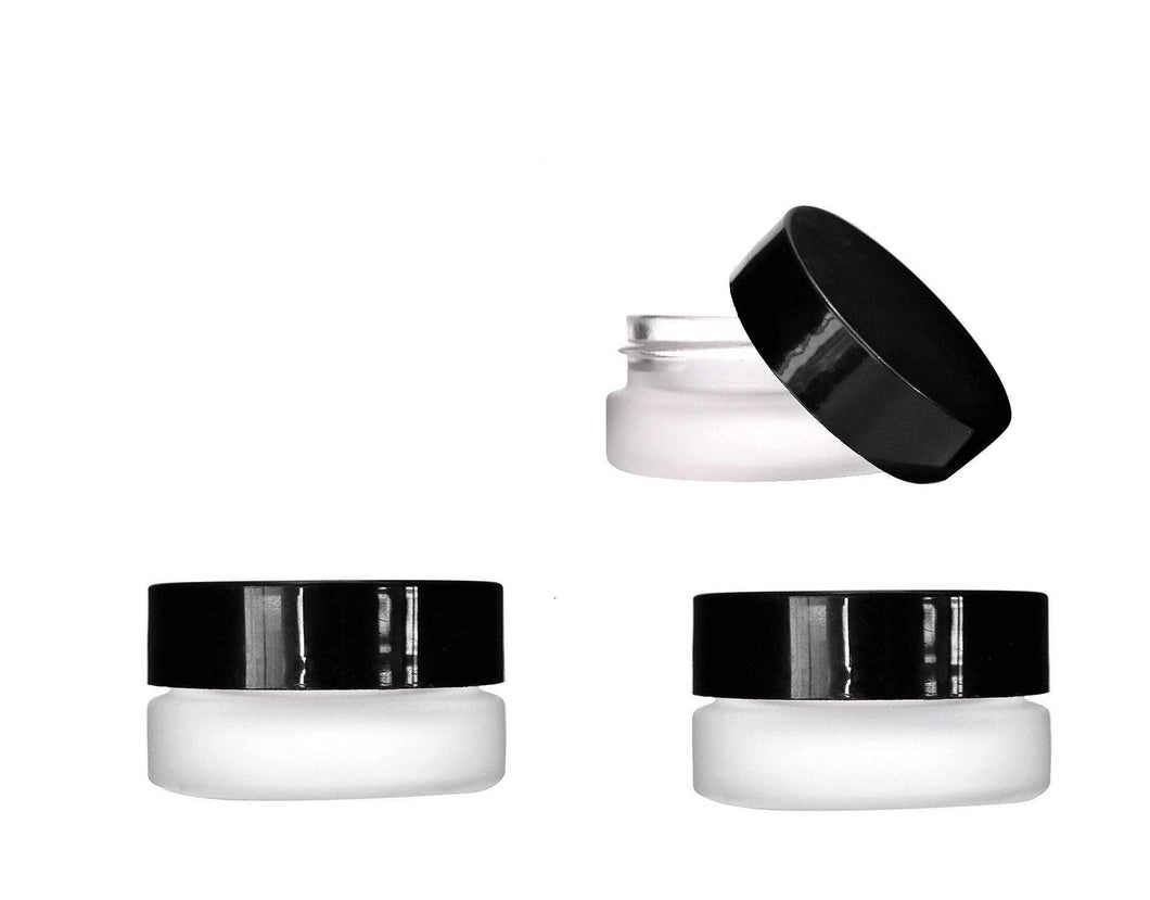 12 FROSTED MINI 7ml GLASS Cosmetic Cream Jars Lip Balm, Gloss Salve Solid Perfume, Eye Cream Sampling, with  Shiny Black Lids, Luxury Pkg