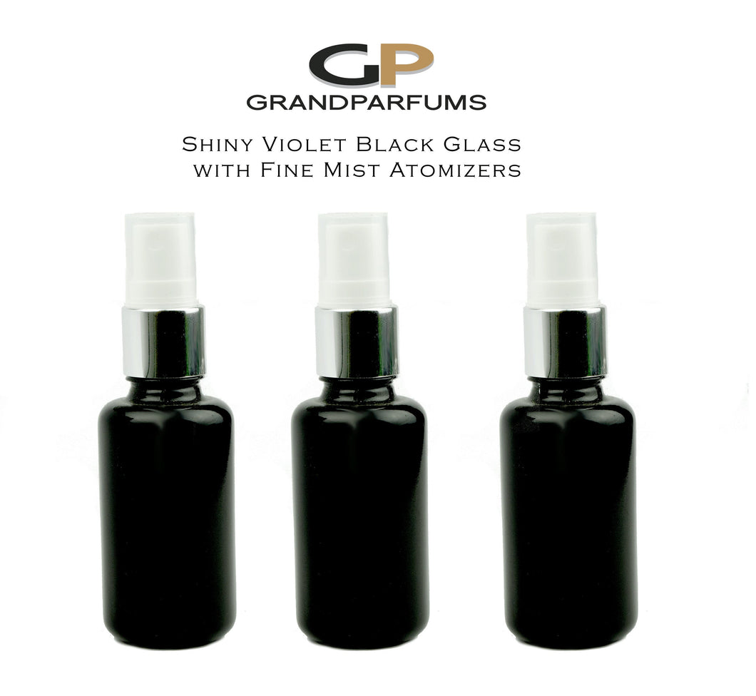 3 ULTRAVIOLET BLACK GLASS Deluxe 1 Oz Glass Bottles with Fine Mist Atomizer 30ml Perfume