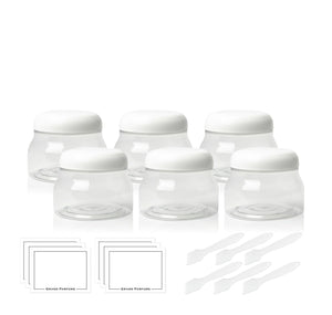 6 Italian Style CLEAR 8 Oz Pet Plastic TUSCANY Jars 240ml w/ Smooth White Caps Body Butter, Sugar Scrubs, Bath Salt FREE Labels and Spatulas