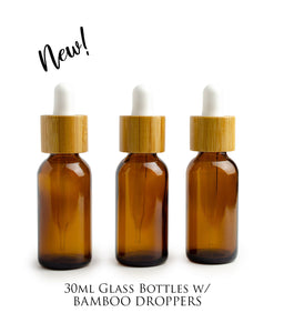Single BLACK MATTE 30ml Glass BAMBOO Dropper Bottles 1 Oz Boston Round, White or Black Bulbs