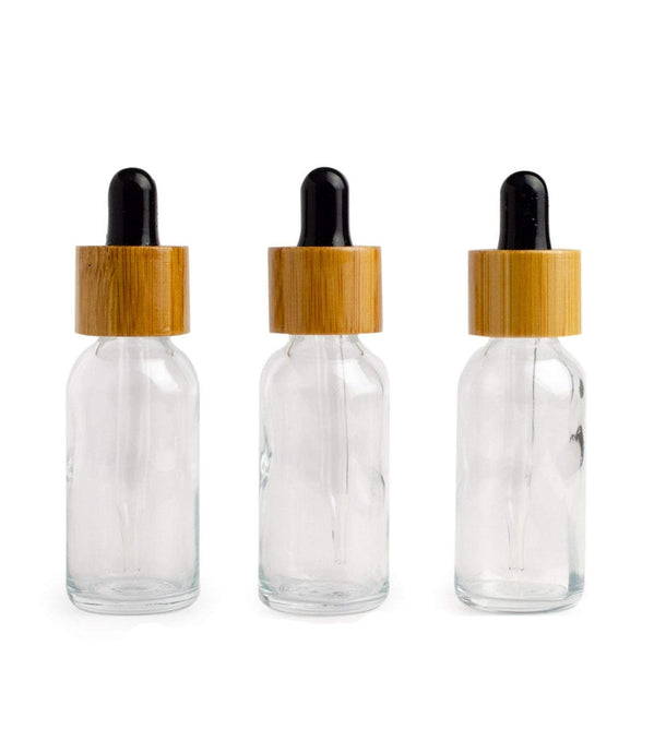 Single CLEAR 30ml Glass BAMBOO Dropper Bottles 1 Oz Boston Round Shape Glass Pipette White or Black Bulbs