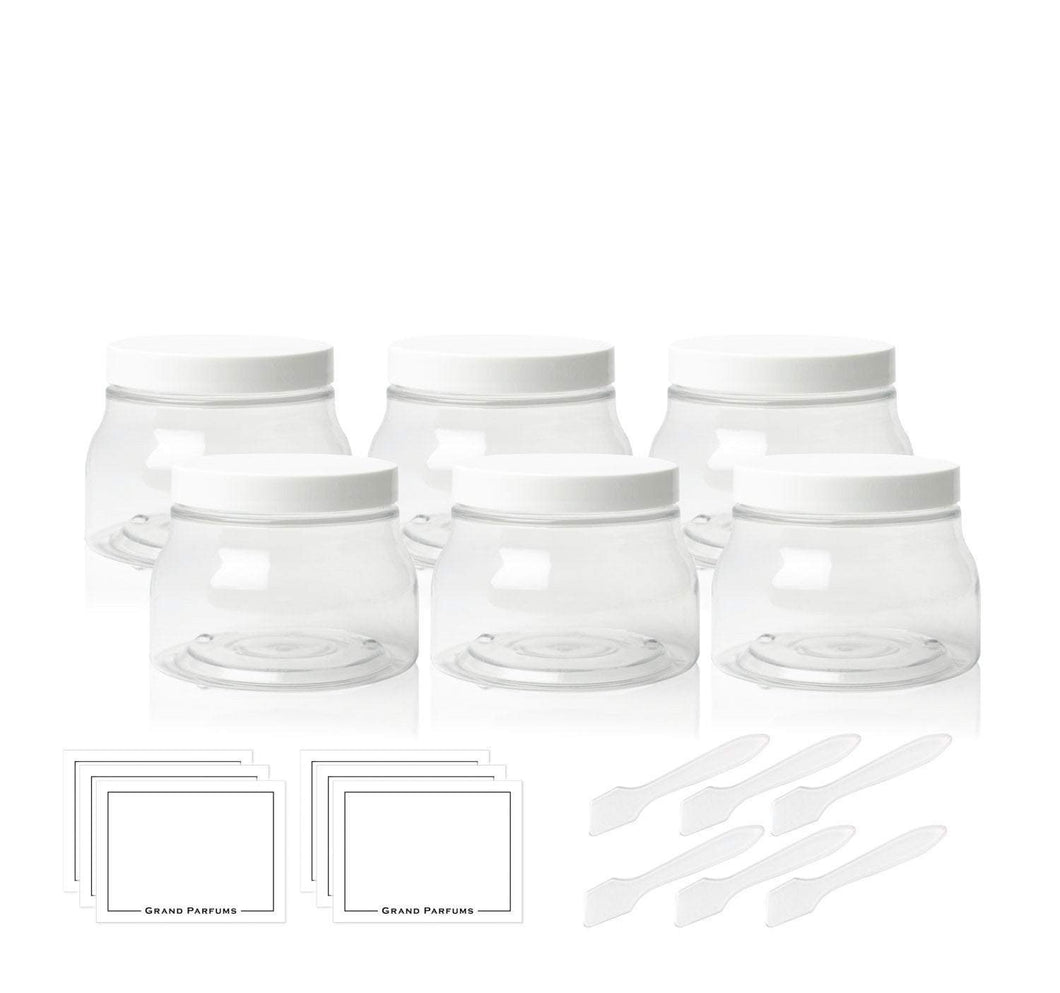 6 Italian Style CLEAR 8 Oz Pet Plastic TUSCANY Jars 240ml w/ Smooth White Caps Body Butter, Sugar Scrubs, Bath Salt FREE Labels and Spatulas