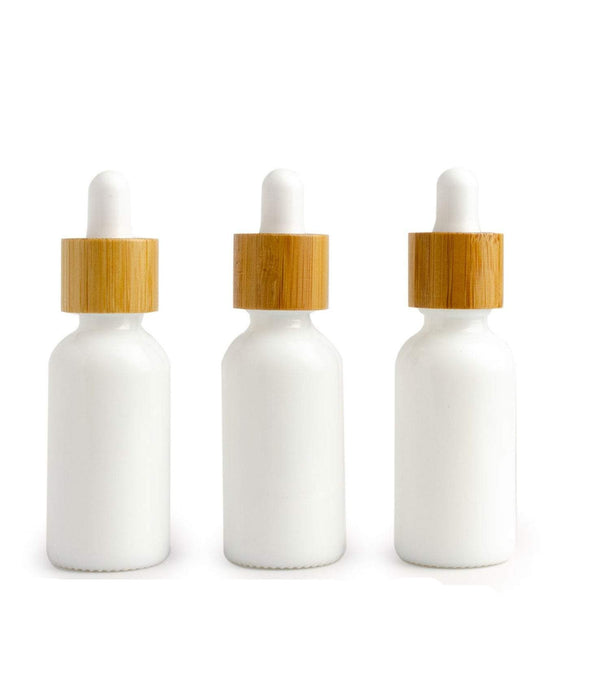 6 Dropper Bottles 30ml SHINY WHITE Glass BAMBOO Cap Essential Oil 1 Oz Boston Round w/Glass Pipette White/Black Bulbs