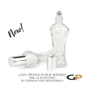 Vintage Roller Bottle 15ml Essential Oil Roller | PREMIUM Glass FLORAL PATTERN Perfume Roll on | Silver Cap, Steel Rollerball | Single Unit