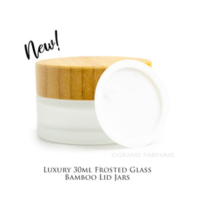 3 NATURAL BAMBOO Caps on Premium FROSTED Glass 30mL Jars, w/ Sealing Liners, for Face Cream, Luxury Spa Cosmetic Packaging Containers