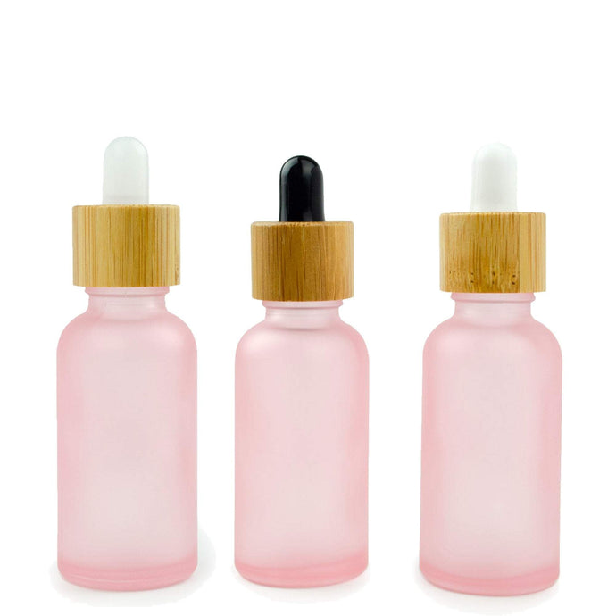 3Pcs 30 ml BLUSH PINK Glass DROPPER Bottles w/ BAMBOO Cap 1 Oz 30ml w/ White, Translucent or Black Bulbs