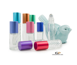 Essential Oil Perfume Bottles Premium Aluminum RAINBOW CAPS  5ml or 10ml Glass SWIRL or CLeAR w/ Steel or Glass Rollers Oil Roller 8 Pc Set