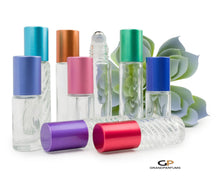Load image into Gallery viewer, Essential Oil Perfume Bottles Premium Aluminum RAINBOW CAPS  5ml or 10ml Glass SWIRL or CLeAR w/ Steel or Glass Rollers Oil Roller 8 Pc Set