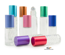 Load image into Gallery viewer, Essential Oil Perfume Bottles Premium Aluminum RAINBOW CAPS  5ml or 10ml Glass SWIRL or CLeAR w/ Steel or Glass Rollers Oil Roller 8 Pc Set
