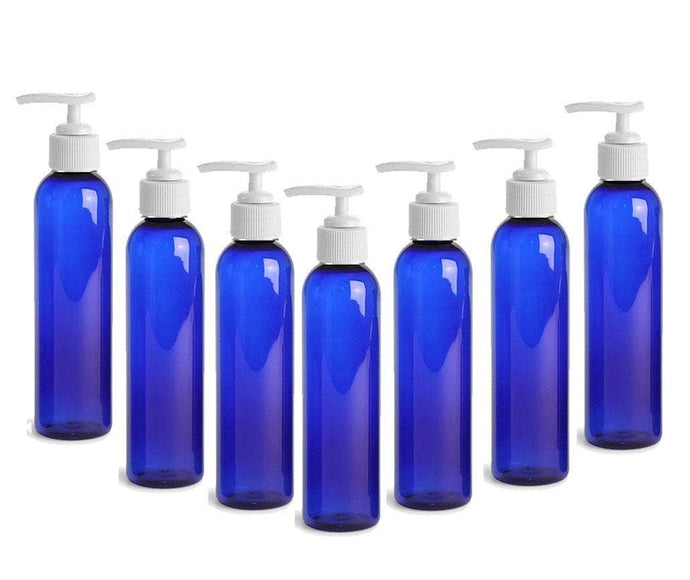 6 Cobalt Blue Lotion Pump Dispenser BOTTLES 4 Oz, BPA Free PET White Pump Cap Lotion, Shampoo, Body Cream, Soap Aromatherapy, Essential Oil