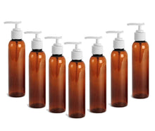 Load image into Gallery viewer, 6 Amber Lotion Pump Dispenser BOTTLES 4 Oz, BPA Free PET White Pump Cap Lotion, Shampoo, Body Cream, Soap Aromatherapy, Essential Oil