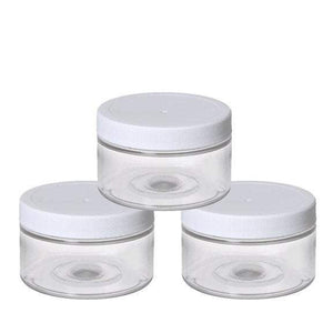 12 Clear 2 Oz Low Profile Jars, PET Plastic Empty Cosmetic Containers 60mL Silver, Black, White, Caps Sugar Scrub, Salts, Body Butter, Cream