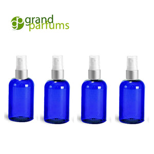 3 Premium Cobalt BLUE PET Plastic (BPA Free) Fine Mist Atomizer Bottles (4 Oz.) Blue Boston Round Shape with Elegant Fancy Metal Sprayer