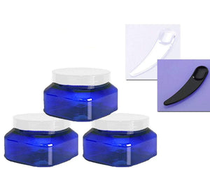3 Cobalt Blue 8 Oz PET Plastic Empty Designer Cosmetic Jars 120mL Copper Cap Salt Scrub Bath Salts Body Lotion Body Butter Cream with Spoon