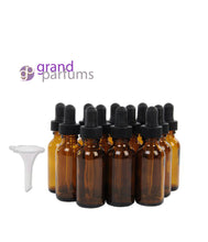 Load image into Gallery viewer, 3 15mL Glass Dropper Bottles Amber 1/2 Oz Boston Round Black Medicine Bulb Dropper Glass Pipette Oil, Serums, Essential Oils Measure