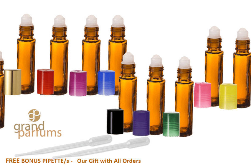 Empty 10ml Amber Glass Roll On Bottles Refillable Rollons for Essential Oils Lip Gloss & Fragrances with Assorted Caps Aromatherapy Bottles