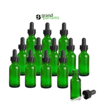 Load image into Gallery viewer, 50 Classic Green 15mL 1/2 Oz Bulb Dropper Bottle Boston Round Black Medicine Bulb Pipette Serum, Measure Carrier Essential Oils Aromatherapy